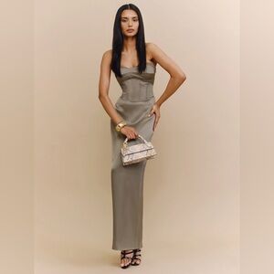 Reformation Ariyah Corset Satin Dress in Taupe